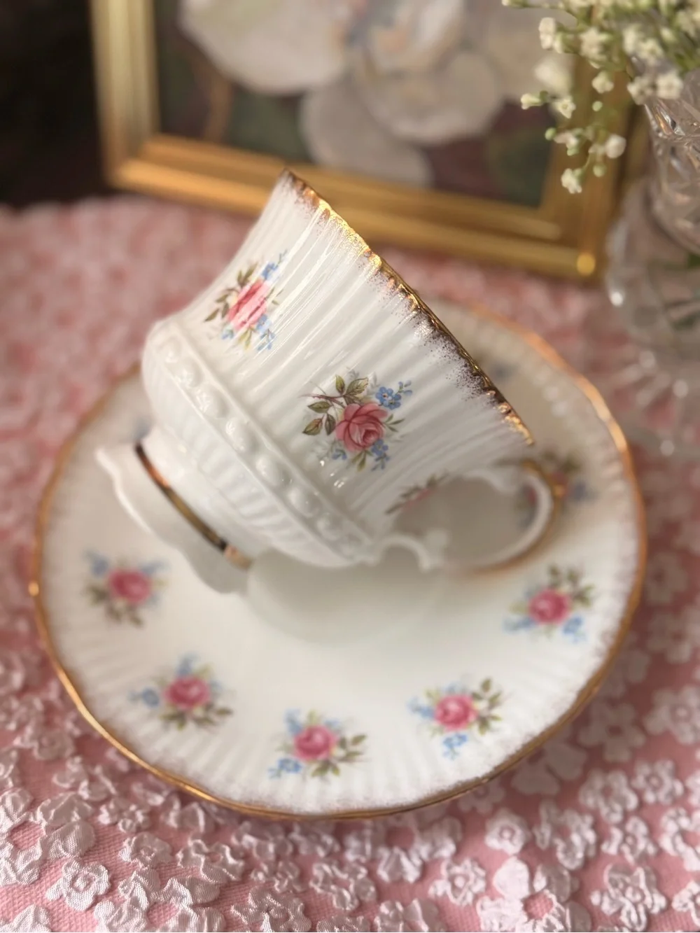 Vintage White Porcelain Teacup and Saucer with Pink Rose Pattern and Gold Trim